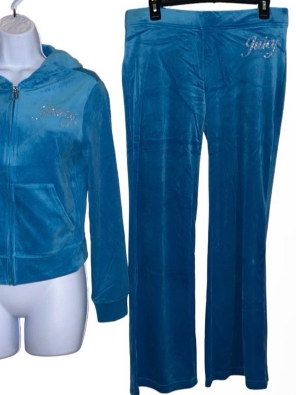 JUICY COUTURE TURQUOISE FLASH BLING RHINESTONE SCRIPT VELOUR TRACKSUIT *PANTS*